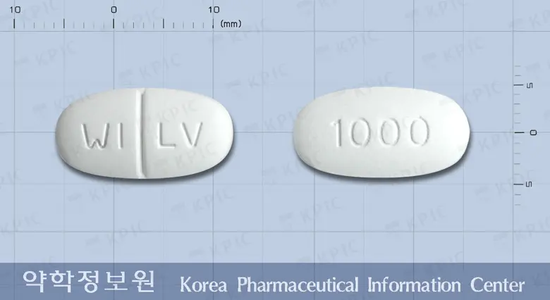 케프렙톨정1000밀리그램(레비티라세탐) 앞뒤 사진 (흰색 타원형, 각인 WI LV / 1000)