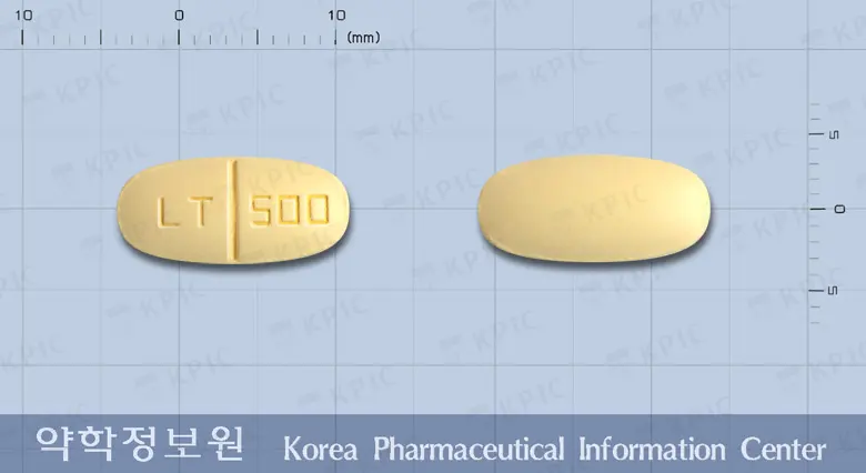 케피람정500밀리그램(레비티라세탐) 앞뒤 사진 (노란색 타원형, 각인 LT 500)