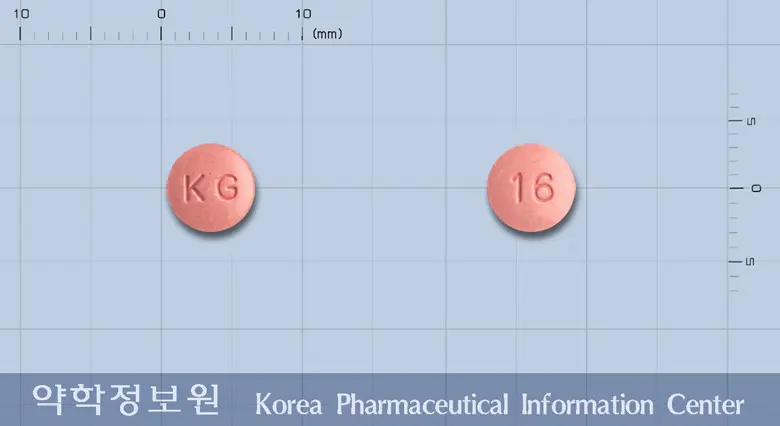 글로아타정16밀리그램(칸데사르탄실렉세틸) 앞뒤 사진 (분홍색 원형, 각인 KG / 16)