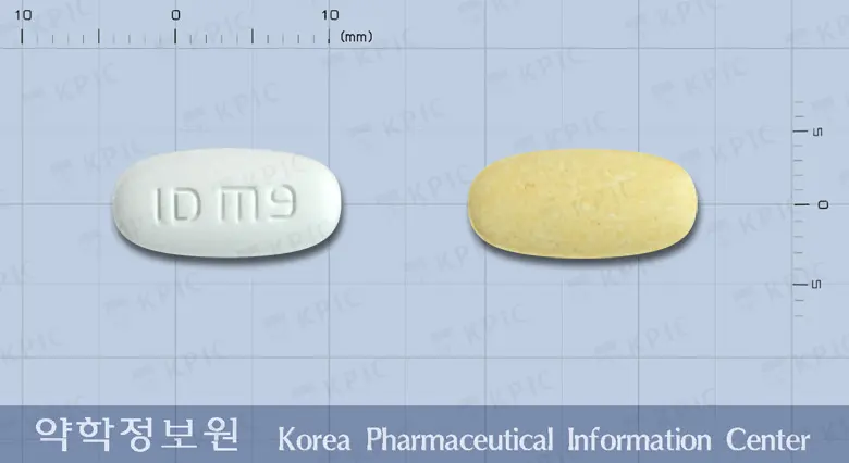 미카테르플러스정80/25밀리그램 앞뒤 사진 (흰색 타원형, 각인 ID m9)