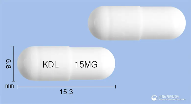 란가톤캡슐15밀리그램(란소프라졸) 앞뒤 사진 (흰색 캡슐, 각인 KDL 15MG)