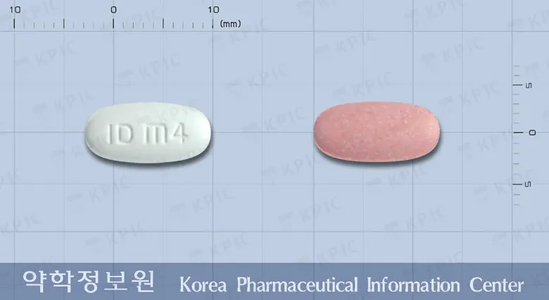 미카테르플러스정40/12.5밀리그램 앞뒤 사진 (흰색 타원형, 각인 ID m4)