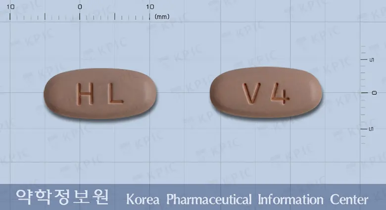 발사오르정320밀리그램(발사르탄) 앞뒤 사진 (분홍색 타원형, 각인 HL / V4)