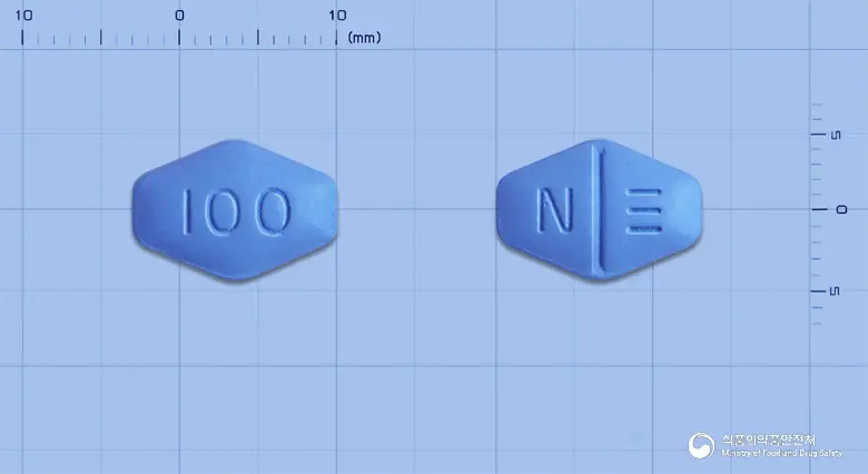 발탁스정100mg(실데나필시트르산염) 앞뒤 사진 (파란색 육각형, 각인 100 / N)