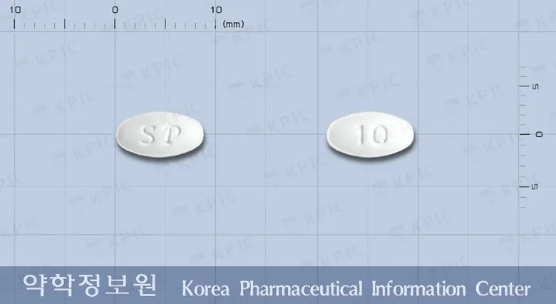 바토르정10밀리그램(아토르바스타틴칼슘삼수화물) 앞뒤 사진 (흰색 타원형, 각인 10)