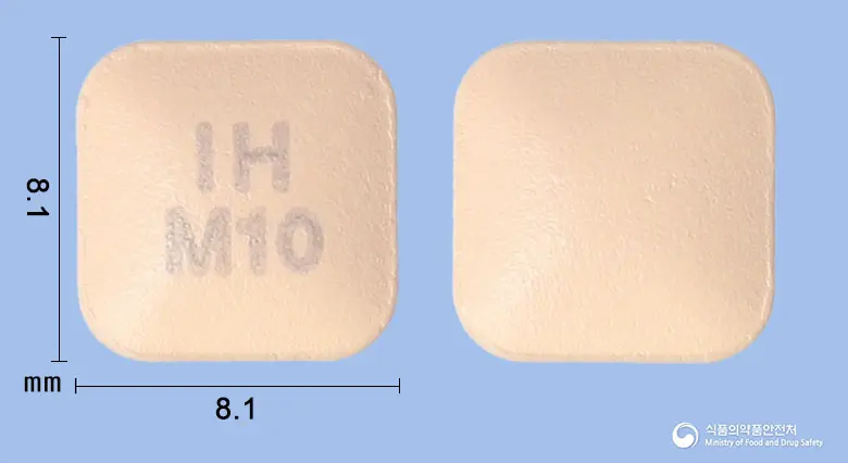 싱귤레스정10밀리그램(몬테루카스트나트륨) 앞뒤 사진 (분홍색 사각형, 각인 IHM10)