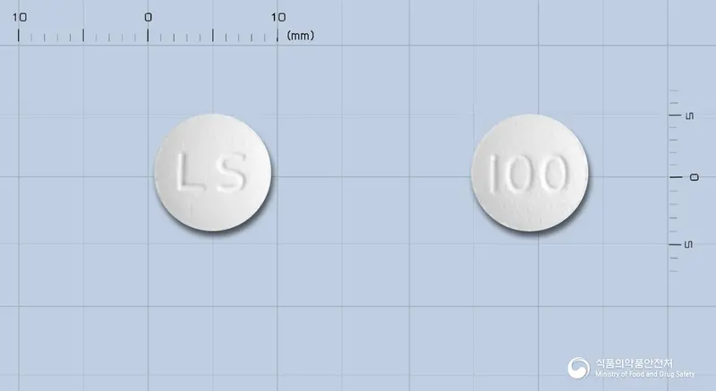 글리톨정100밀리그램(미그리톨) 앞뒤 사진 (흰색 원형, 각인 LS / 100)