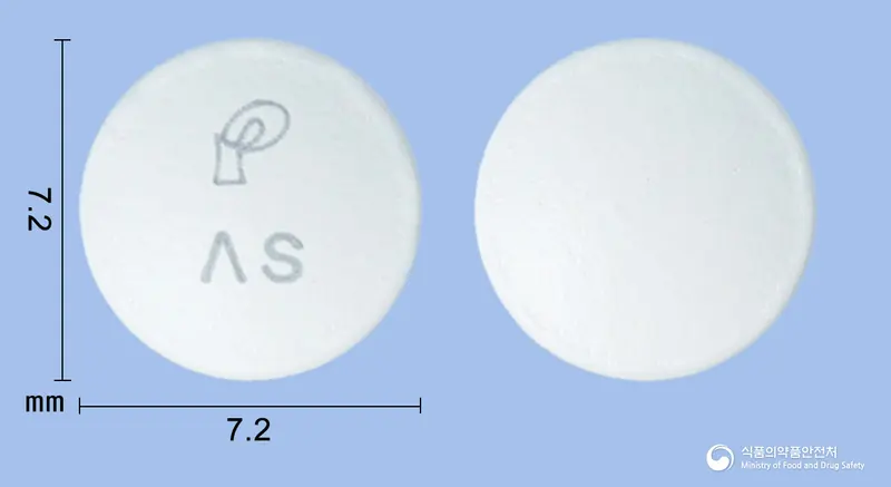 에이에스피장용정100mg(아스피린) 앞뒤 사진 (흰색 원형, 각인 ΛS)