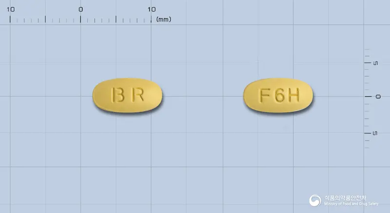 카나브플러스정60/12.5mg 앞뒤 사진 (노란색 타원형, 각인 BR / F6H)