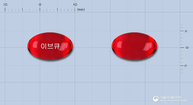 이브큐레이디연질캡슐 앞뒤 사진 (빨간색·투명 캡슐, 각인 이브큐)