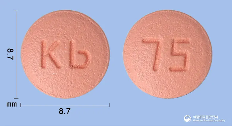 경보클로피도그렐정(클로피도그렐황산염) 앞뒤 사진 (분홍색 원형, 각인 Kb / 75)