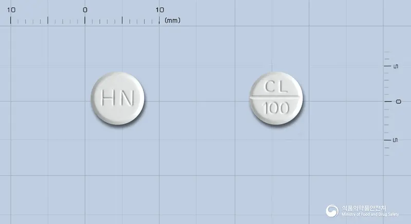 실로탄정100밀리그램(실로스타졸) 앞뒤 사진 (흰색 원형, 각인 HN / CL 100)