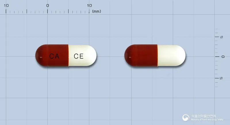 세파캡슐250mg(세파클러수화물) 앞뒤 사진 (빨간색 캡슐, 각인 CA CE)