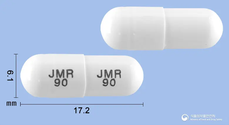 젤미론캡슐(펜토산폴리설페이트나트륨) 앞뒤 사진 (흰색 캡슐, 각인 JMR JMR90 90)