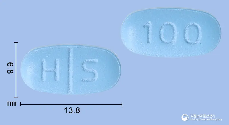 프리스틴정100mg(실데나필시트르산염) 앞뒤 사진 (파란색 타원형, 각인 H S / 100)