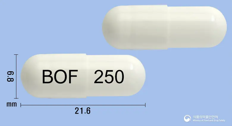 비오플250캡슐(사카로마이세스보울라르디균) 앞뒤 사진 (흰색 캡슐, 각인 BOF 250)