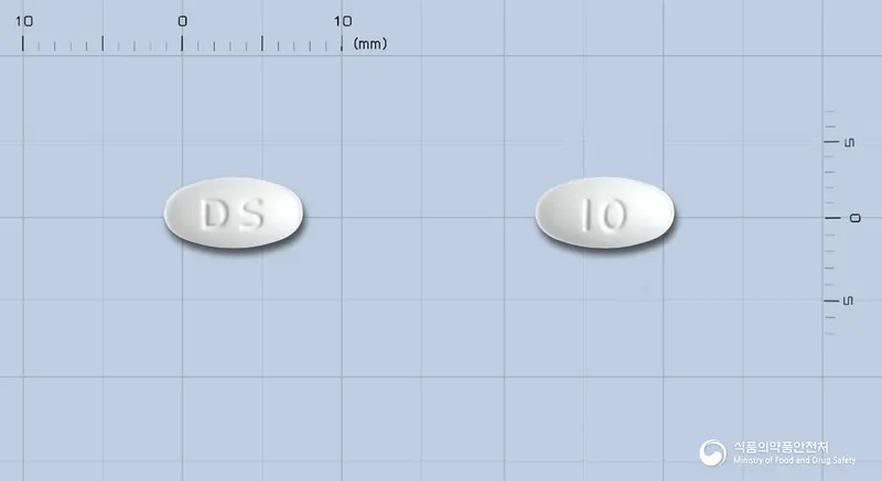 아바스타정10mg(아토르바스타틴칼슘삼수화물) 앞뒤 사진 (흰색 타원형, 각인 DS / 10)