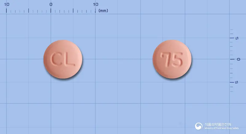 뉴빅스정(클로피도그렐황산염) 앞뒤 사진 (분홍색 원형, 각인 CL / 75)