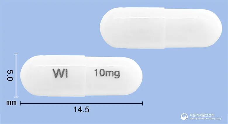 환인아토목세틴캡슐10밀리그램(아토목세틴염산염) 앞뒤 사진 (흰색 캡슐, 각인 WI 10mg)
