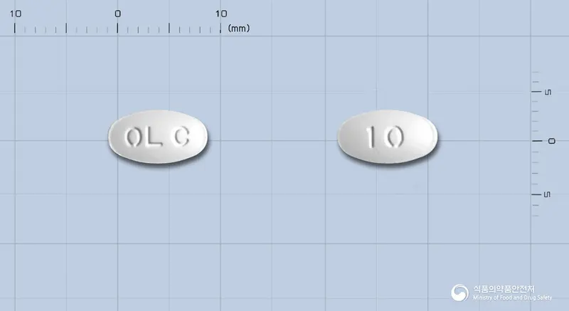 올메탄정11.04밀리그램(올메사탄실렉세틸) 앞뒤 사진 (흰색 타원형, 각인 OL C / 10)
