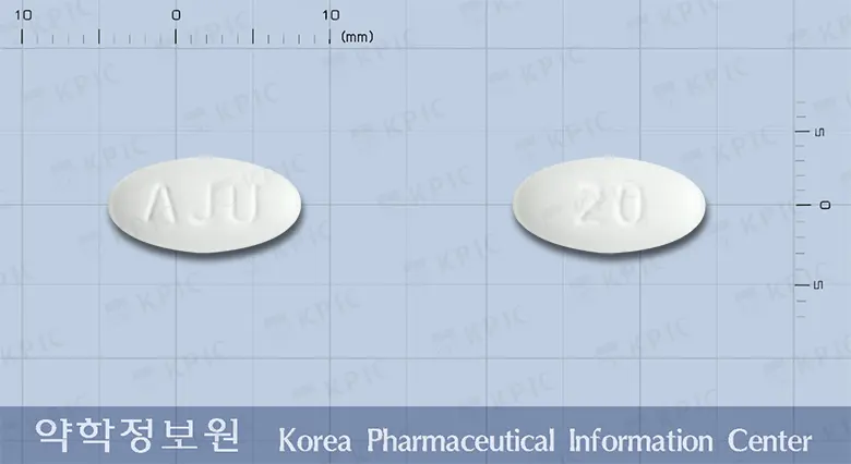 올피트정20밀리그램(아토르바스타틴칼슘삼수화물) 앞뒤 사진 (흰색 타원형, 각인 ΛJU / 20)