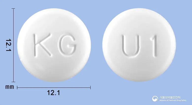 글로게이트정(알마게이트) 앞뒤 사진 (흰색 원형, 각인 KG / U1)