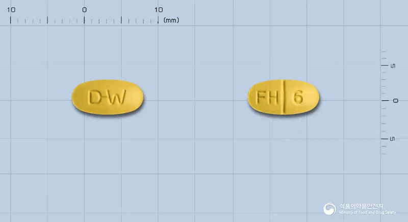 라코르정60/12.5밀리그램 앞뒤 사진 (노란색 타원형, 각인 D-W / FH 6)