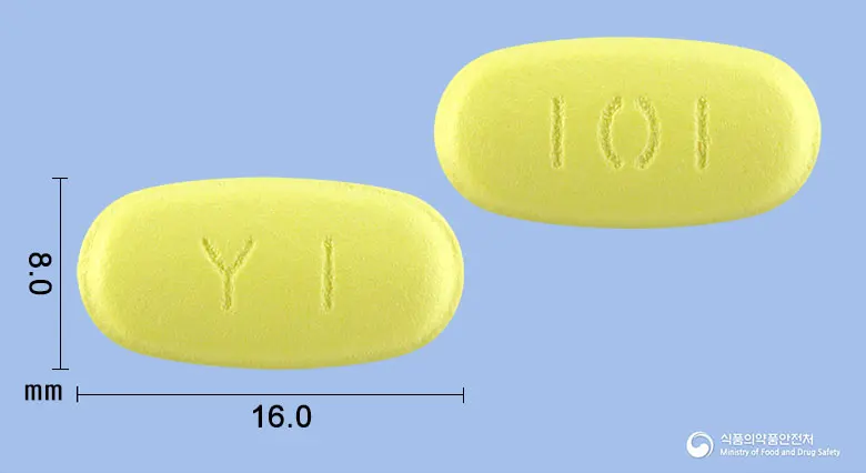 영일클래리스로마이신정250mg 앞뒤 사진 (노란색 타원형, 각인 YI / 101)