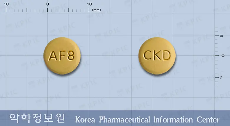 애니포지정5/80밀리그램 앞뒤 사진 (주황색 원형, 각인 AF 8 / CKD)