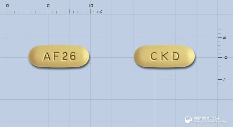 애니포지정10/160밀리그램 앞뒤 사진 (노란색 타원형, 각인 AF 26 / CKD)