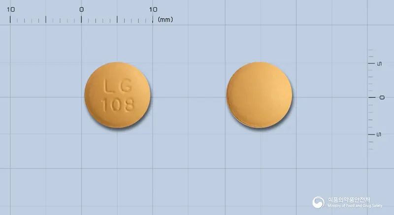 레바캄정10/80밀리그램 앞뒤 사진 (주황색 원형, 각인 LG108)