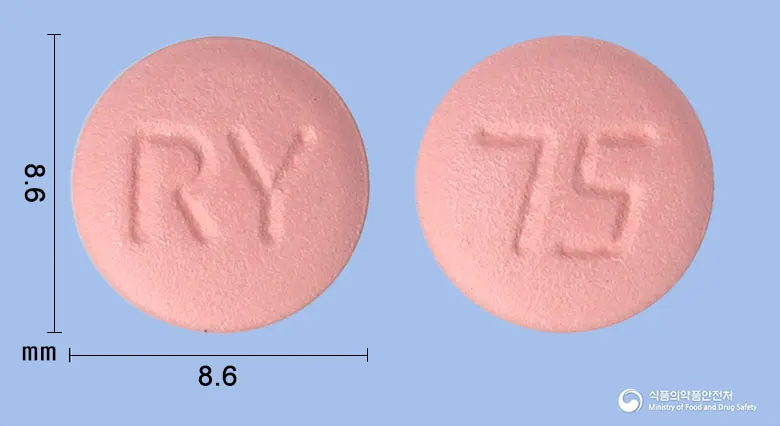 이연클로피도그렐황산수소염정 앞뒤 사진 (분홍색 원형, 각인 RY / 75)