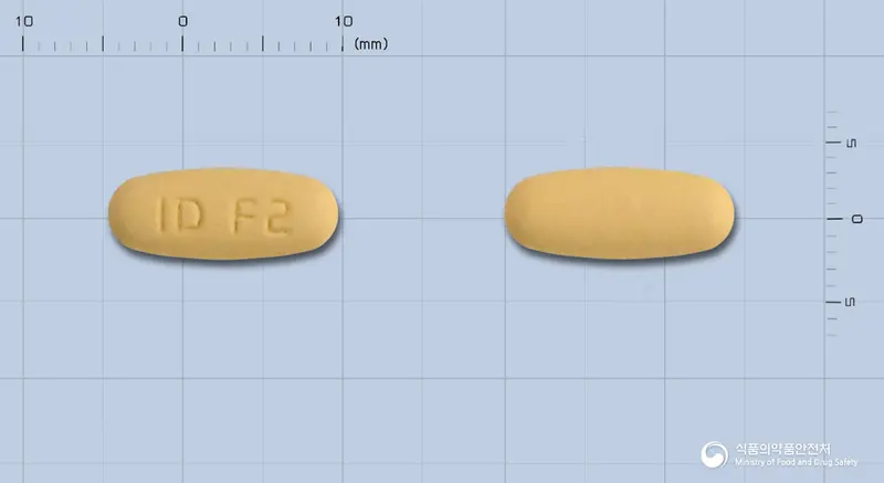 바이포지정5/160밀리그램 앞뒤 사진 (노란색 타원형, 각인 ID F2)
