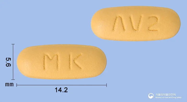 메디로텐정5/160밀리그램(암로디핀베실산염, 발사르탄) 앞뒤 사진 (주황색 타원형, 각인 MK / AV2)
