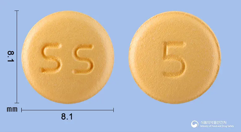 아노포지정5/80밀리그램 앞뒤 사진 (노란색 원형, 각인 SS / 5)