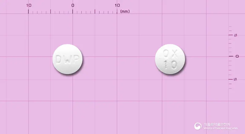 프로콘틴서방정10mg(옥시코돈염산염) 앞뒤 사진 (흰색 원형, 각인 DWP / OX10)