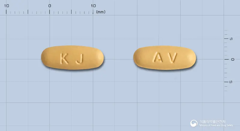 엑스듀오정5/160mg 앞뒤 사진 (주황색 타원형, 각인 KJ / AV)