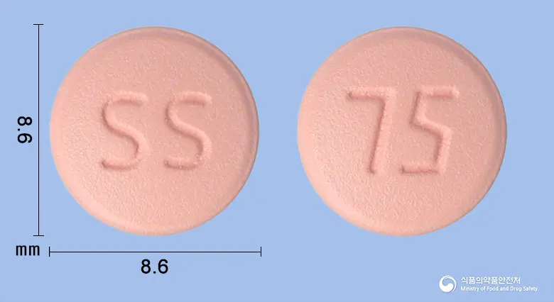 클로젝스정(클로피도그렐황산염) 앞뒤 사진 (분홍색 원형, 각인 SS / 75)