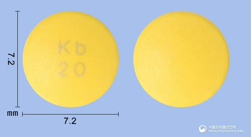 경보라베프라졸정20mg(라베프라졸나트륨) 앞뒤 사진 (노란색 원형, 각인 Kb20)