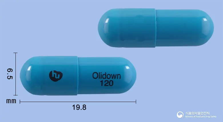 올리다운캡슐(오르리스타트) 앞뒤 사진 (파란색 캡슐, 각인 Olidown 120)