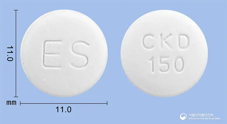 엘로쎄타정150밀리그램(엘로티닙염산염) 앞뒤 사진 (흰색 원형, 각인 ES / CKD150)