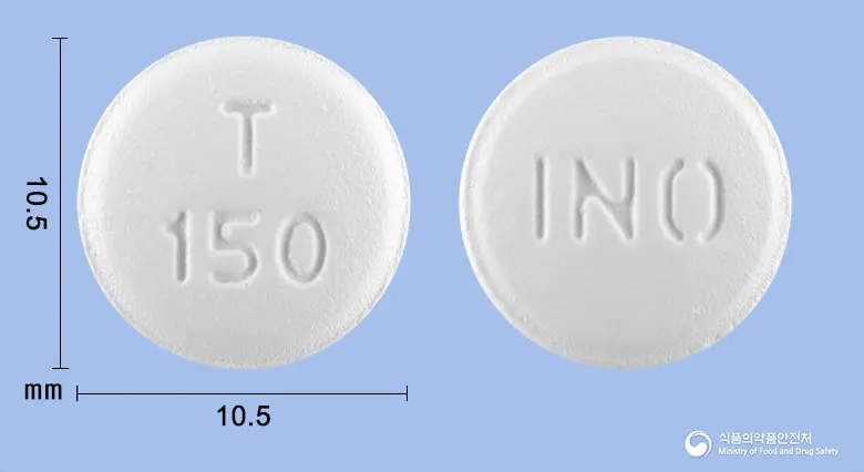 타쎄원정150밀리그램(엘로티닙염산염) 앞뒤 사진 (흰색 원형, 각인 T150 / INO)