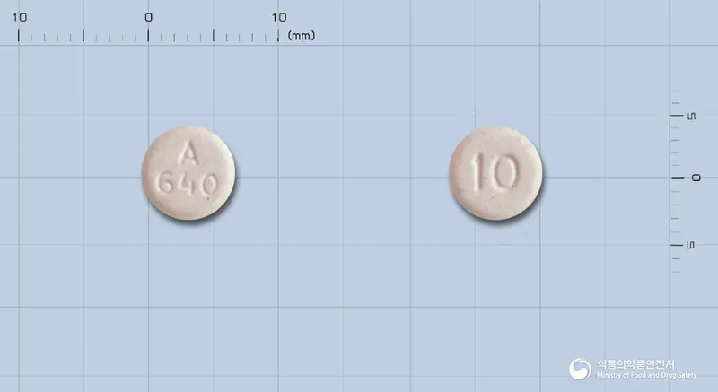 아빌리파이오디정10밀리그램(아리피프라졸) 앞뒤 사진 (흰색 원형, 각인 A640 / 10)