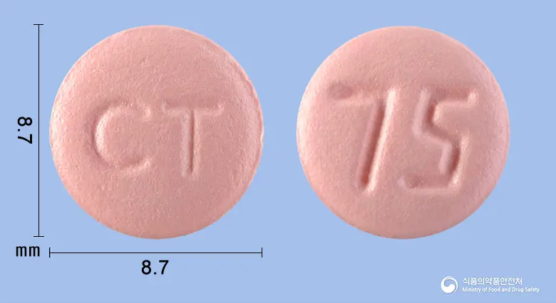클로피렌정(클로피도그렐황산염) 앞뒤 사진 (분홍색 원형, 각인 CT / 75)