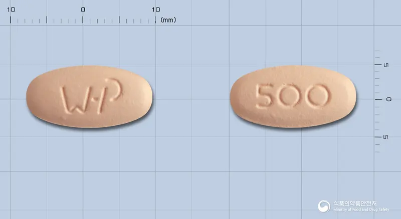 하이록신정500mg(레보플록사신수화물) 앞뒤 사진 (분홍색 타원형, 각인 500)