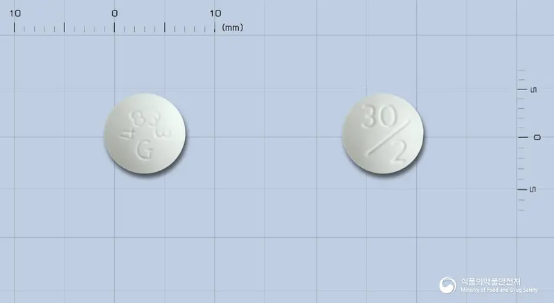 액토스릴정30/2밀리그램 앞뒤 사진 (흰색 원형, 각인 4833G / 30/2)