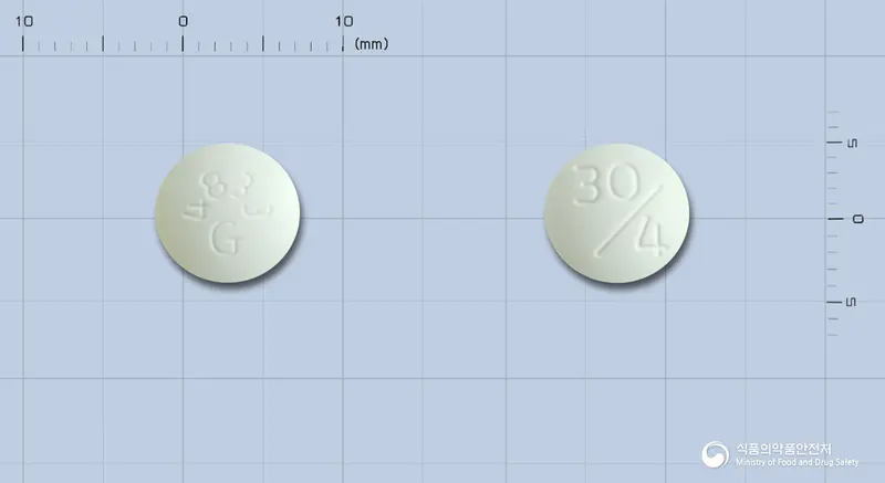 액토스릴정30/4밀리그램 앞뒤 사진 (흰색 원형, 각인 4833G / 30/4)