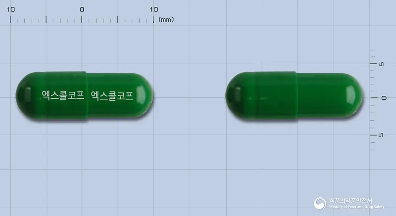 엑스콜코프캡슐 앞뒤 사진 (초록색 캡슐, 각인 엑스콜코프 엑스콜코프)