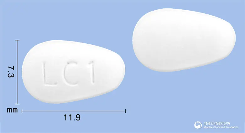 로카탄정100mg(로사르탄칼륨) 앞뒤 사진 (흰색 기타, 각인 LC1)