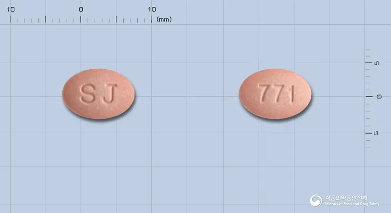 몬테린츄정4밀리그램(몬테루카스트나트륨) 앞뒤 사진 (분홍색 타원형, 각인 SJ / 771)